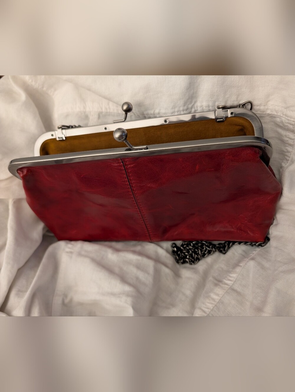 Patricia Nash Deep Red Leather Kisslock Frame Clutch Chain Crossbody Purse Bag - Picture 6 of 9